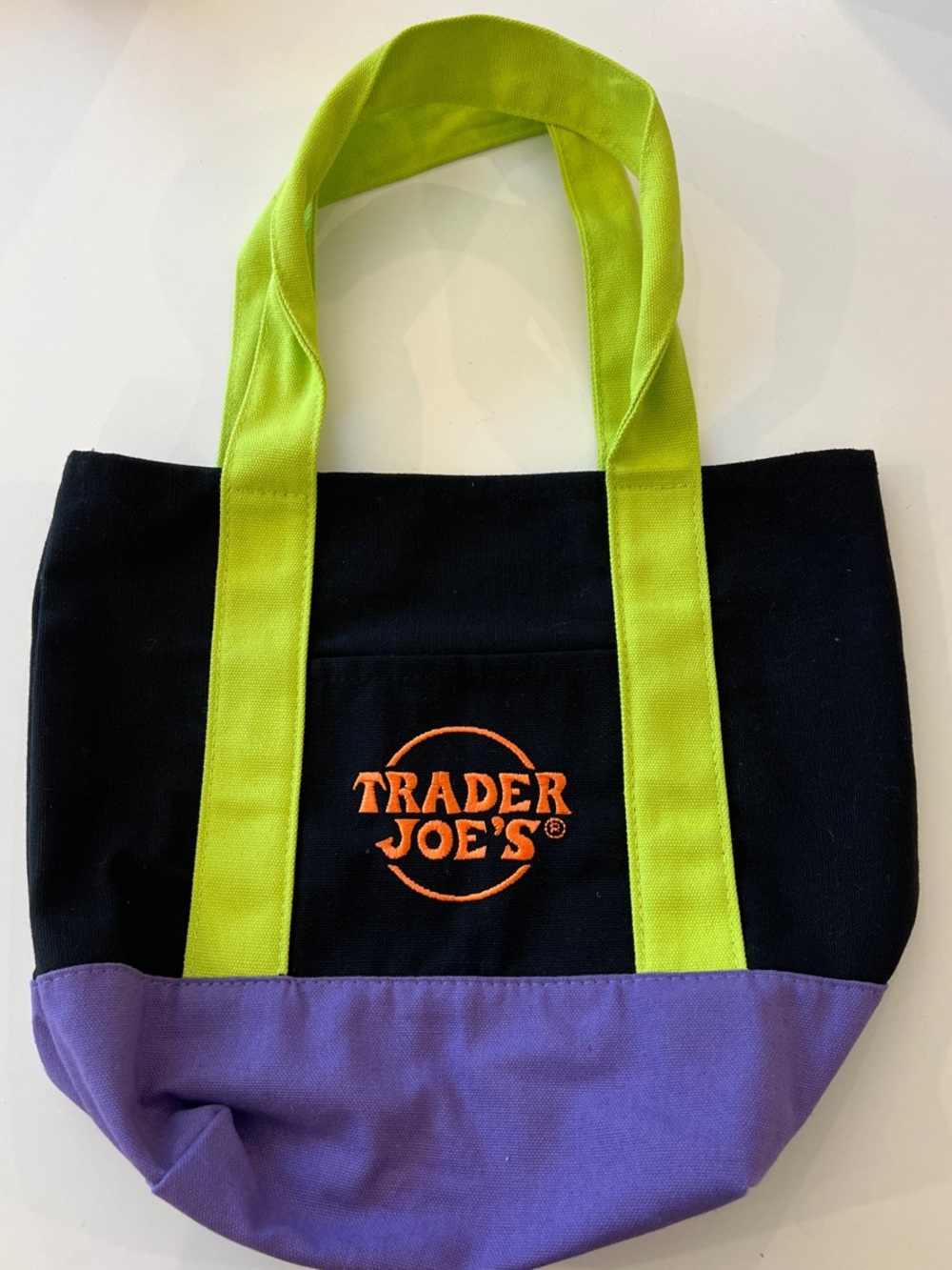 Trader Joes Halloween Black & Purple Canvas Tote with Lime Green Straps